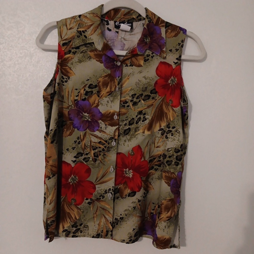 Caribou New York Button-up Blouse‎ Women's Sz S Sleeveless Floral/Animal...